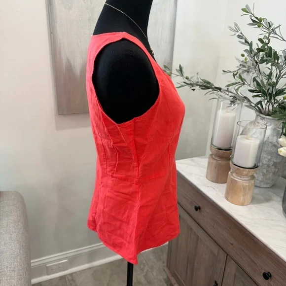 J. Crew Dark Coral V-neck Linen/Cotton Peplum Sleeveless Blouse - Picture 5 of 10